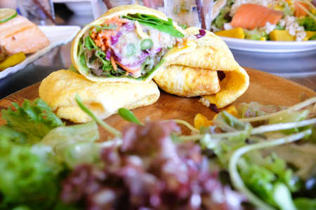 Vegetable salad rolls with omelette, select focusの写真素材