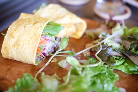 egg roll wrap insert vegetable salad, healthy food, select focusの写真素材