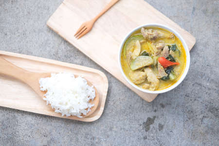 pork green curry and stream rice, ready to eatの写真素材