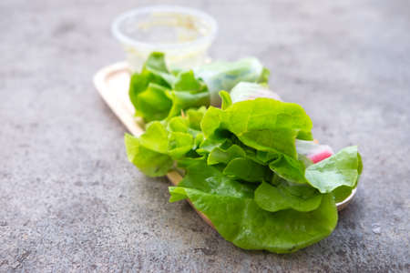 Salad roll vegetables on wood trayの写真素材