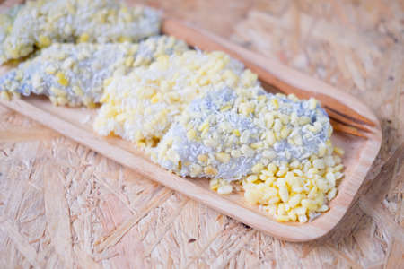 Thai dessert of mung bean rice-crepe. mock bean pods.の写真素材