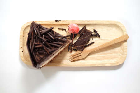 close up of a chocolate cake on wood tray, selective focusの写真素材