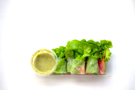 Vegetable spring roll. Close up hydroponic plants from vegetable garden farmの写真素材