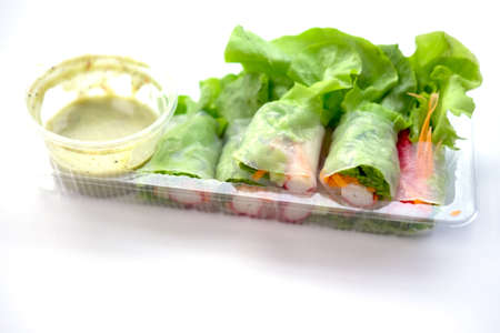 Vegetable spring roll. Close up hydroponic plants from vegetable garden farmの写真素材