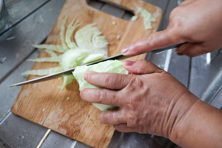 Senior women hands cutting cabbage for salad. cooking and home conceptの写真素材