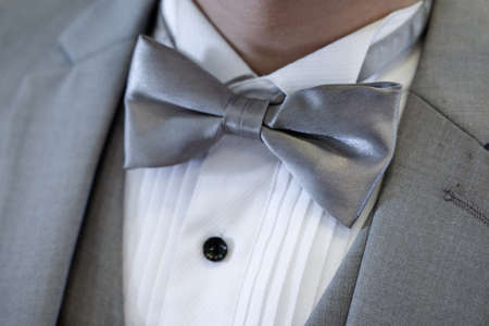 Expensive suit, man wearing a gray suit and gray bow tie