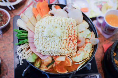 Korean Tokpokki hot pot top view in Korean Restaurant, Spicy and Healthy Korean Foodの写真素材