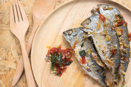 Mackerel serve with sauce in Thai menu foodの写真素材