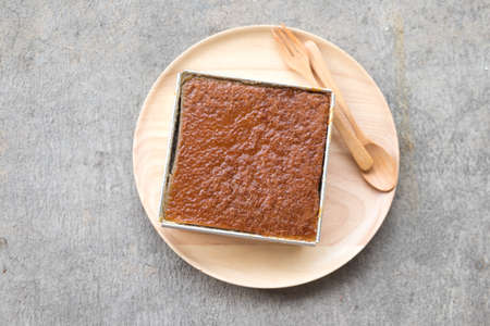 Mung Bean Thai custard dessert recipe or Khanom Maw Kaeng on wood dish