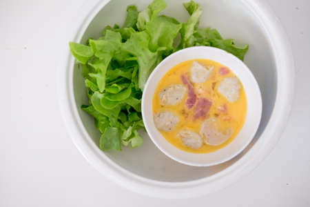 Thai style hot pot homemade, egg, meat and lettuce