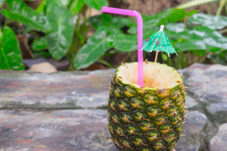 Exotic cocktail in a pineapple on a nature backgroundの写真素材