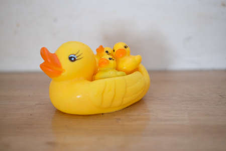 Yellow rubber duck on the table woodの写真素材