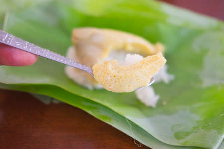 Eating Thai dessert Sticky rice with steamed custard wrapped in banana leafの写真素材