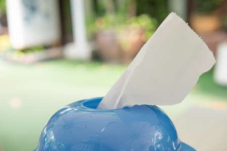 Close up of tissue in blue plastic boxの写真素材