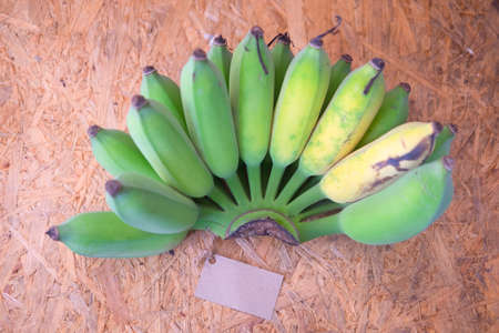 Green banana fruit with paper tagged on wood table, sales conceptの写真素材