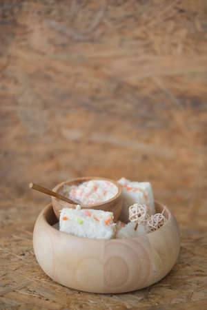 coleslaw sandwich on wood bowl, selective focusの写真素材