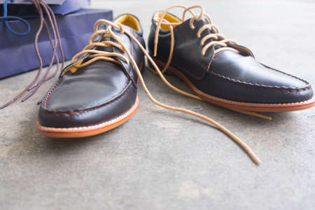 Close up of a new pair of brown leather dress shoesの写真素材