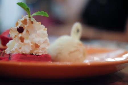 waffle with chocolate sauce and whipped cream selective focusの写真素材