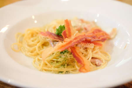 Spaghetti with bacon. Italian food concept. Selective focus.の写真素材