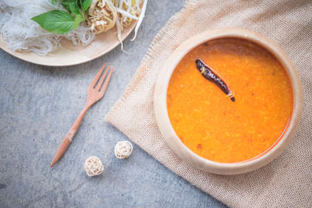 Kanom Jeen, Thai rice vermicelli served with curry, Thai Delicious Foodの写真素材