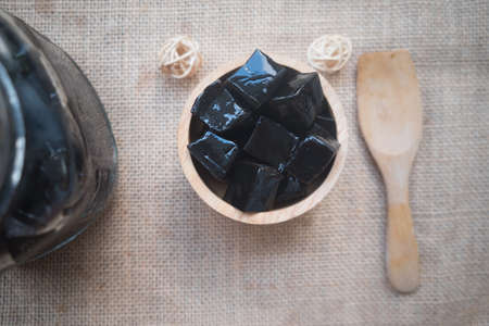 Grass jelly (Mesona chinensis), vegetable jelly, eaten with ice and sugarの写真素材