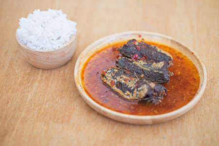 Instant can fried mackerel in chilli sauce eating with rice, Thai foodの写真素材