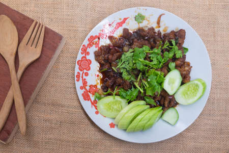 Thai homemade, food stir fried pork with sugar it called Moo-wan