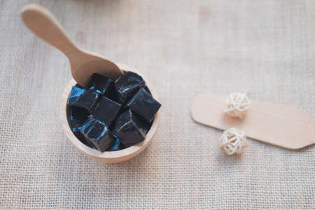 Grass jelly (Mesona chinensis), vegetable jelly, eaten with sugarの写真素材