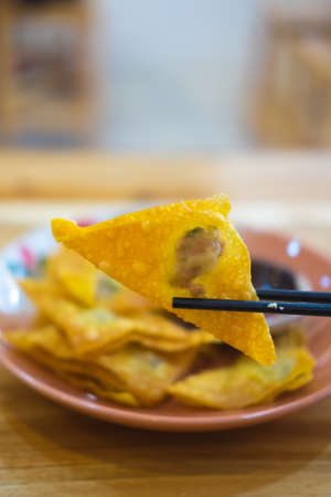 The fried dumplings with sweet sauce. Close up short and blur abstrct. (Selective focus)の写真素材