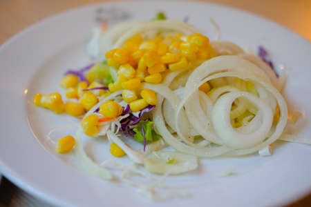 vegetable salad with corn and onion on white dishの写真素材