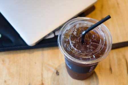 iced americano top view close up at officeの写真素材