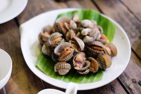 Fresh and delicious soft boiled blood cockles shell, Thai food
