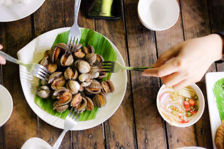 Fresh raw cockle shell sea food with spicy sauce, Thai style seafoodの写真素材