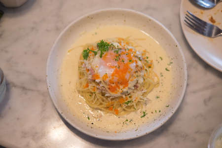 Delicious spaghetti with crab meat, top viewの写真素材