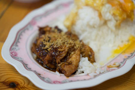 Thai style food pork fried with crunchy garlicの写真素材