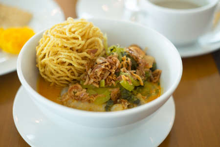 Curried Noodle Soup (Khao soi) with spicy coconut milk, Thailand foodの写真素材
