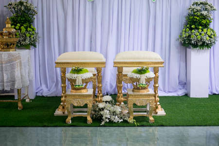 Front view of bouquet decoration for hand pouring in thai wedding ceremonyの写真素材