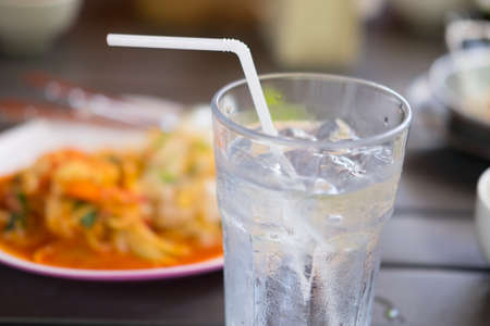 Water and Ice in glass on food background