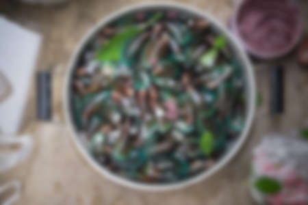 Blur background boiled green shell mussel