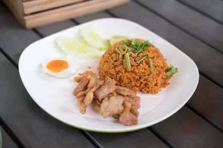 Thailand traditional food : fried rice with chili pork and salt eggの写真素材