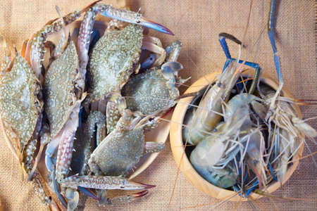 Fresh Flower crab and fresh shrimp, top viewの写真素材
