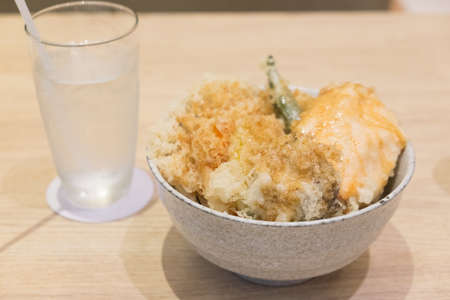 Tempura with rice in a bowl with ice water. Japanese foodの写真素材