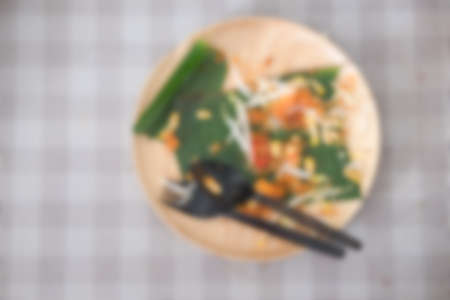 Blur background of dirty empty plate after eatingの写真素材