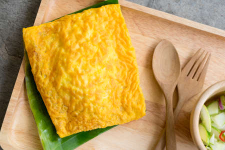 Vietnamese soft egg pancake recipe on wood trayの写真素材