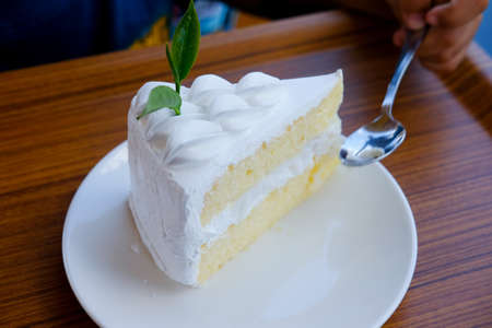 Coconut cake layer and topping with whipped cream decoration with tea leafの写真素材