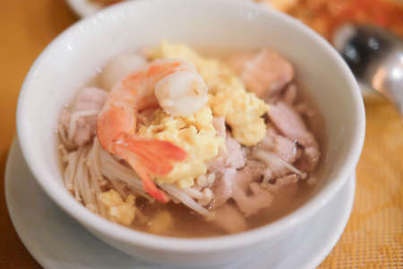 The best Thai food Suki mixed seafood in white bowlの写真素材