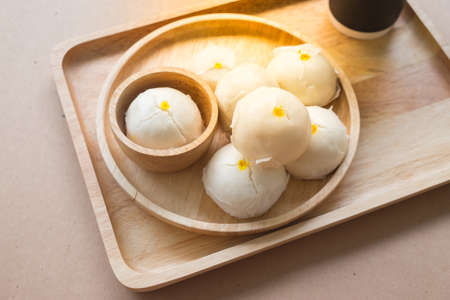Close up of inside steamed creamy custard bun