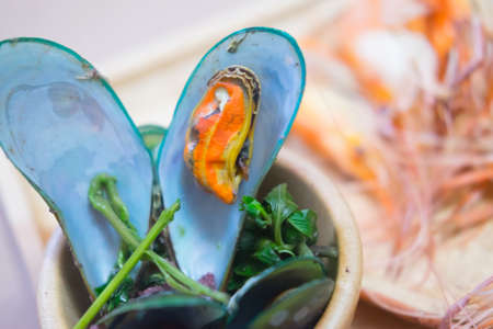 Mussel boiled at seafood restaurant. (Close up)