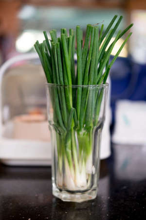 Thai onion spring group in glass for eating Thai foodの写真素材