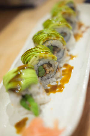 Tasty appetizing uramaki sushi roll (selective focus)の写真素材
